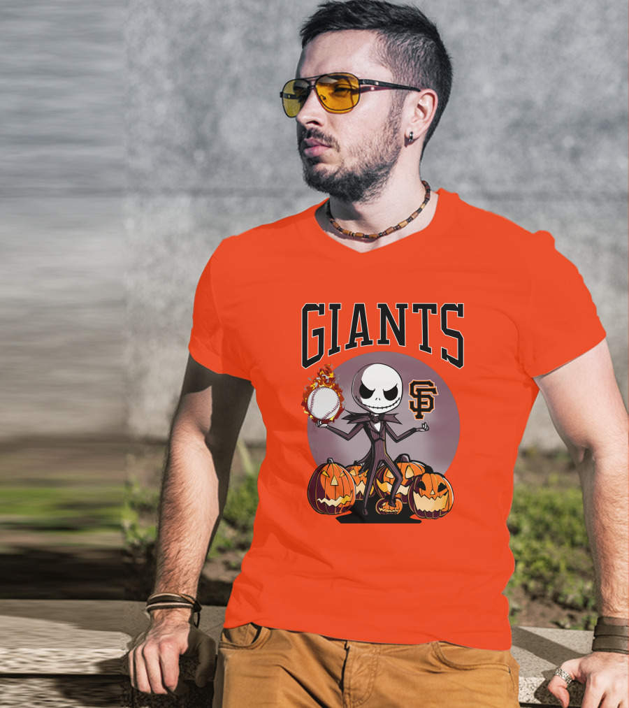 Giants Jack Skellington SF Logo Halloween Pumpkins Baseball T-Shirt