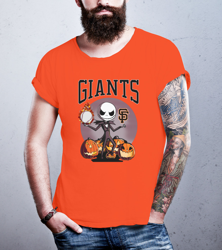 Giants Jack Skellington SF Logo Halloween Pumpkins Baseball T-Shirt