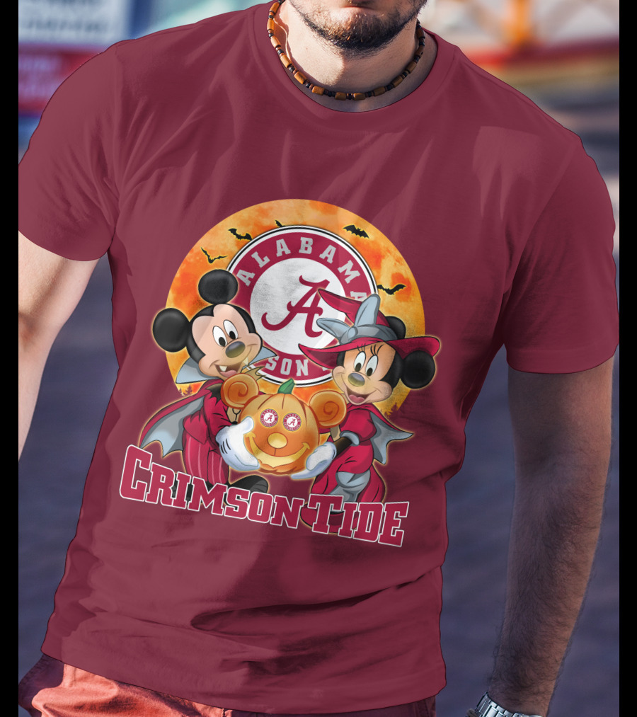 Alabama Crimson Tide Mickey Mouse Minnie Mouse Halloween Pumpkin Circle T-Shirt