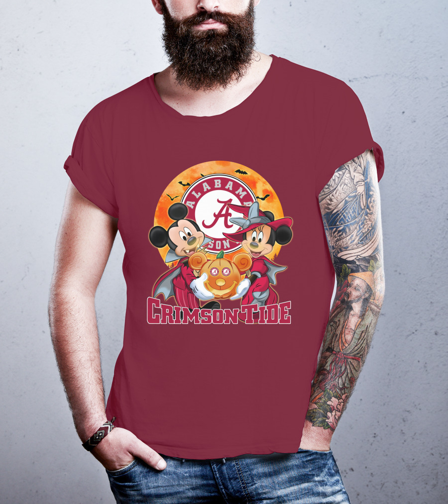 Alabama Crimson Tide Mickey Mouse Minnie Mouse Halloween Pumpkin Circle T-Shirt