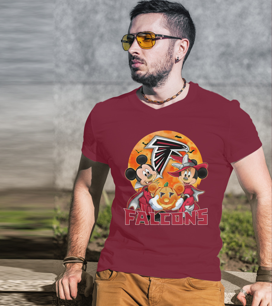 Atlanta Falcons Mickey Mouse Minnie Mouse Halloween Pumpkin T-Shirt
