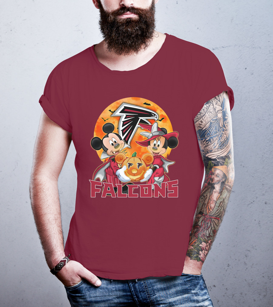 Atlanta Falcons Mickey Mouse Minnie Mouse Halloween Pumpkin T-Shirt