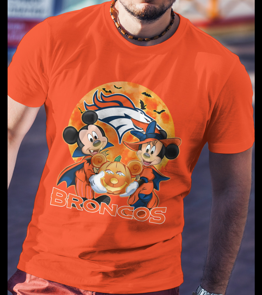 Denver Broncos Mickey Mouse And Minnie Mouse Halloween Broncos T-Shirt
