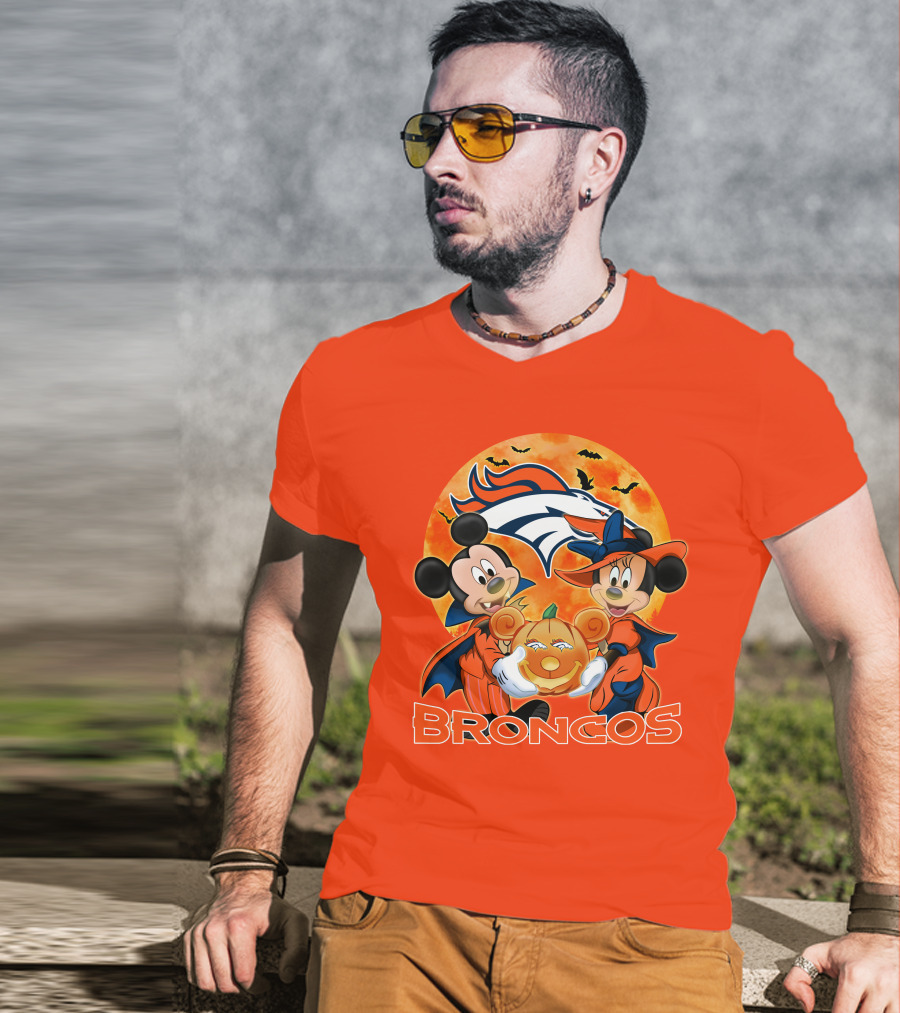 Denver Broncos Mickey Mouse And Minnie Mouse Halloween Broncos T-Shirt