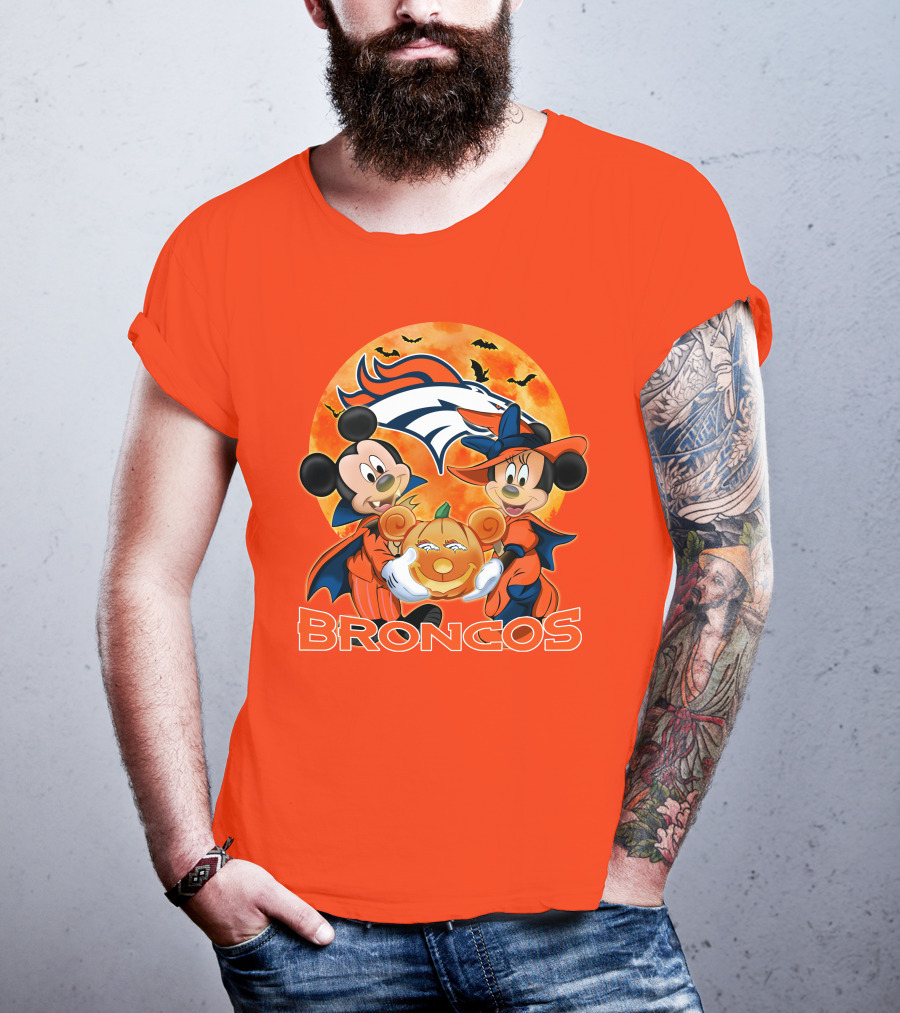 Denver Broncos Mickey Mouse And Minnie Mouse Halloween Broncos T-Shirt