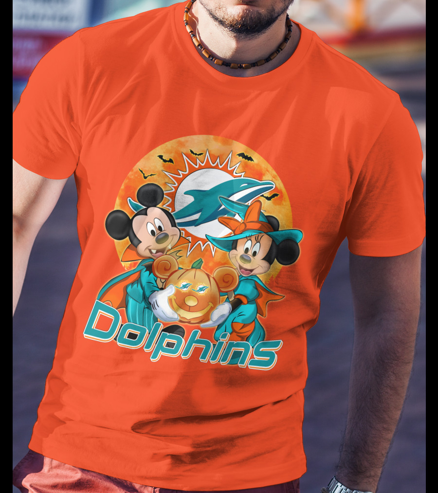Miami Dolphins Mickey Minnie Halloween Pumpkin Bats T-Shirt