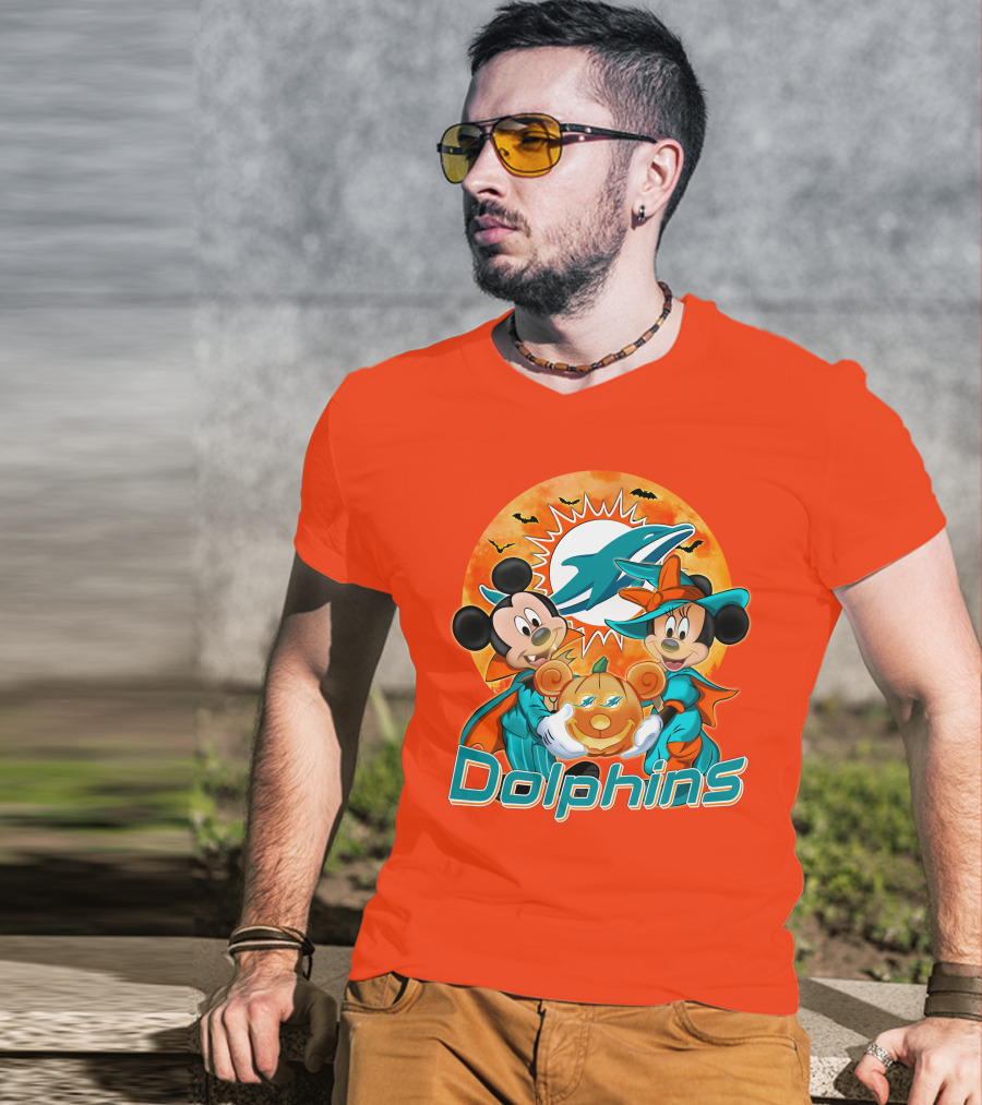 Miami Dolphins Mickey Minnie Halloween Pumpkin Bats T-Shirt