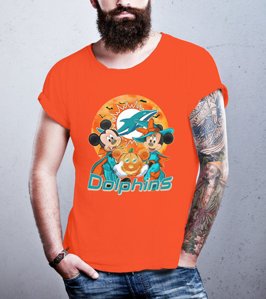 Miami Dolphins Mickey Minnie Halloween Pumpkin Bats T-Shirt