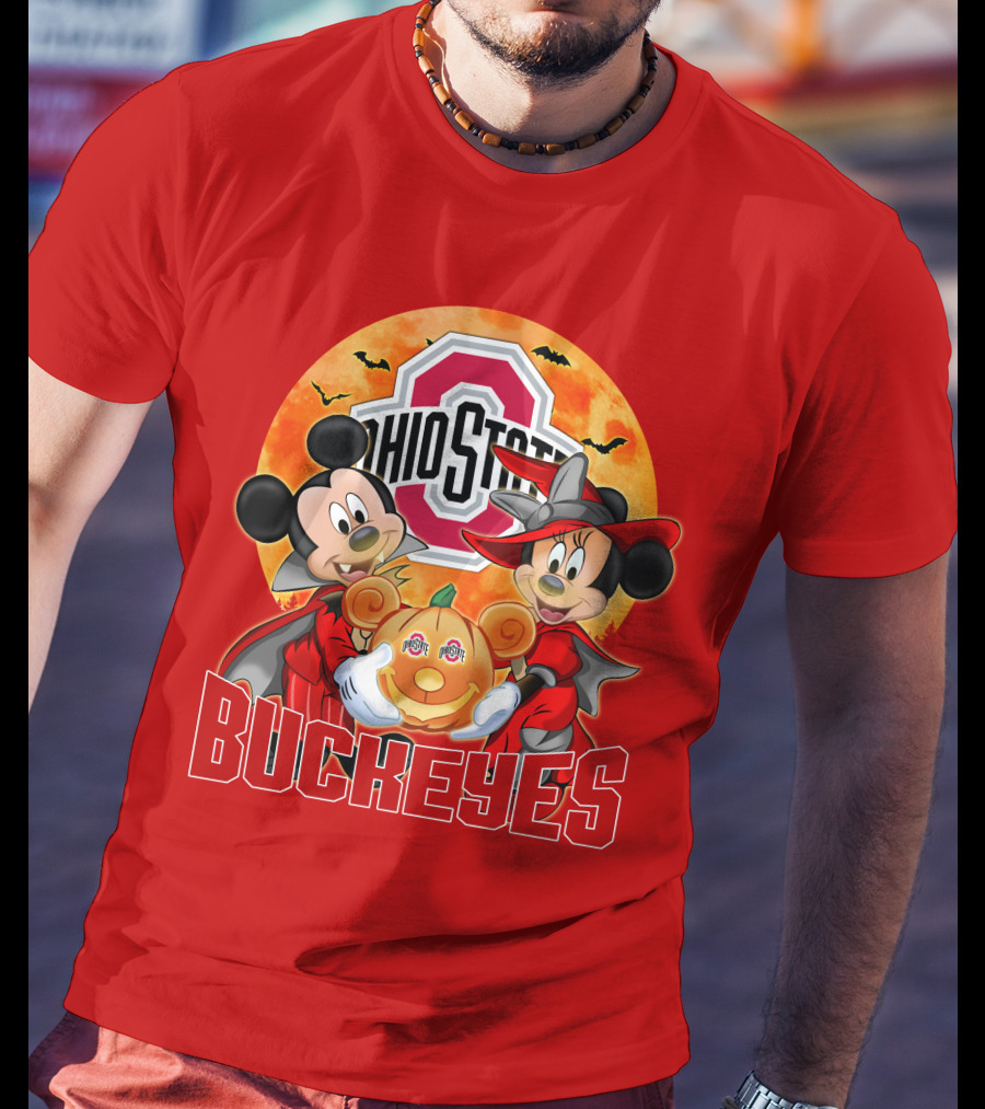 Ohio State Buckeyes Mickey Mouse Minnie Mouse Halloween Pumpkin T-Shirt