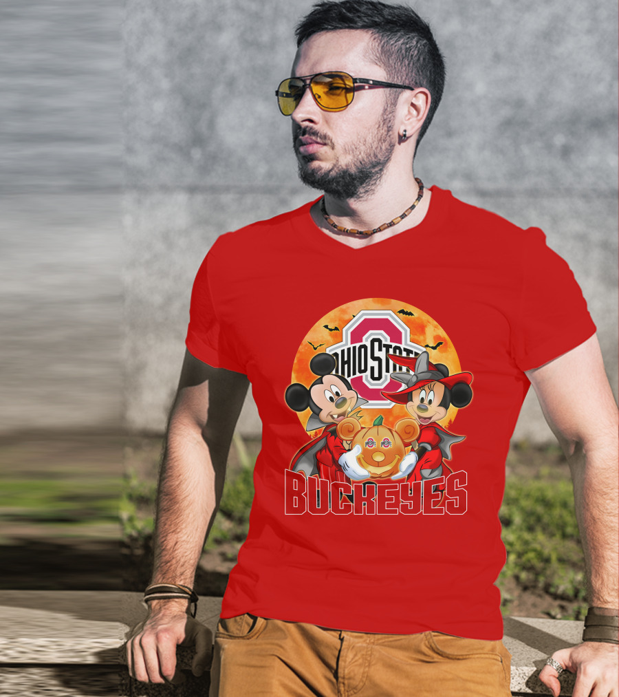 Ohio State Buckeyes Mickey Mouse Minnie Mouse Halloween Pumpkin T-Shirt