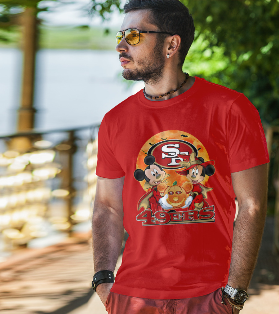 San Francisco 49ers Mickey Mouse Minnie Mouse Halloween Pumpkin T-Shirt