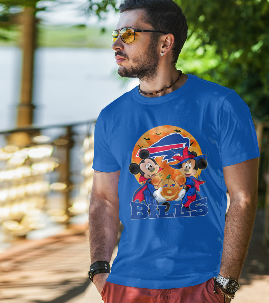 Buffalo Bills Halloween Mickey Mouse And Minnie Mouse Pumpkin T-Shirt