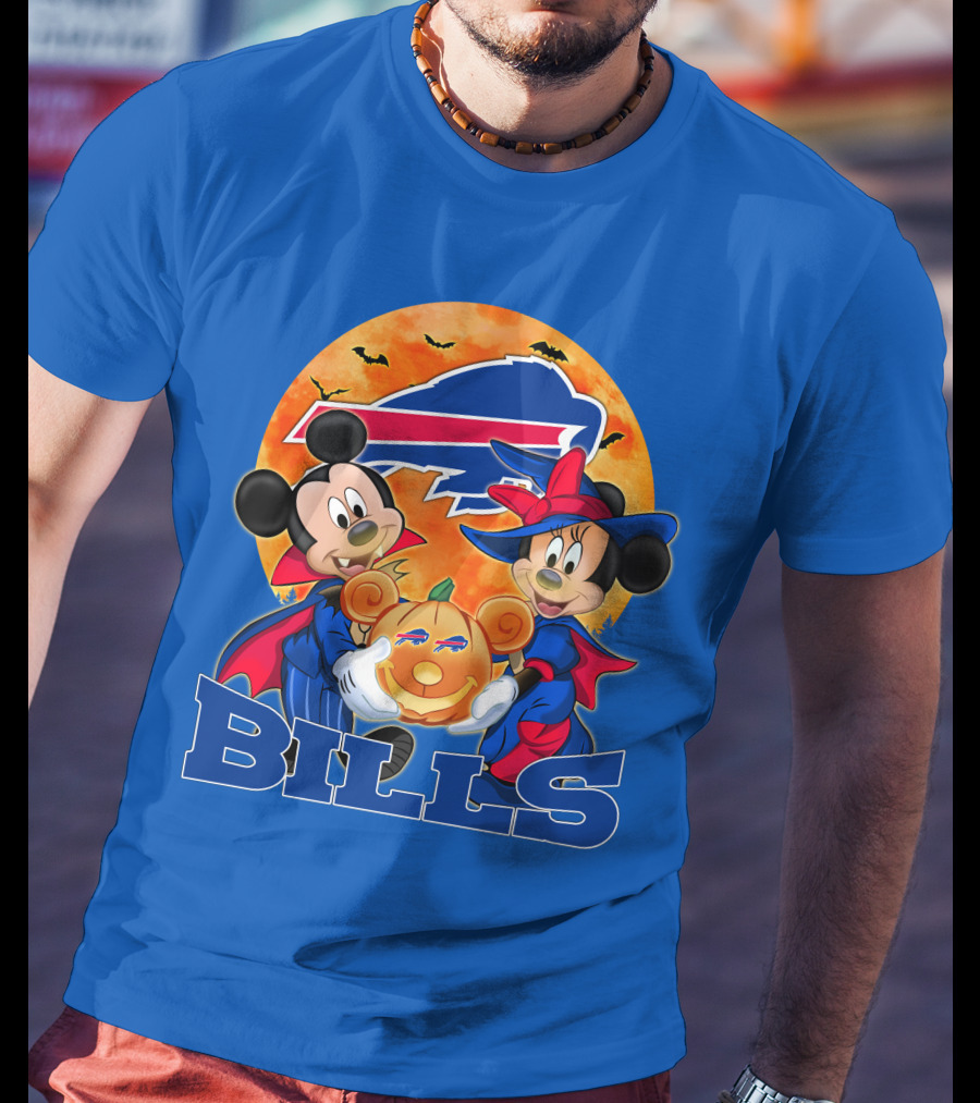 Buffalo Bills Halloween Mickey Mouse And Minnie Mouse Pumpkin T-Shirt