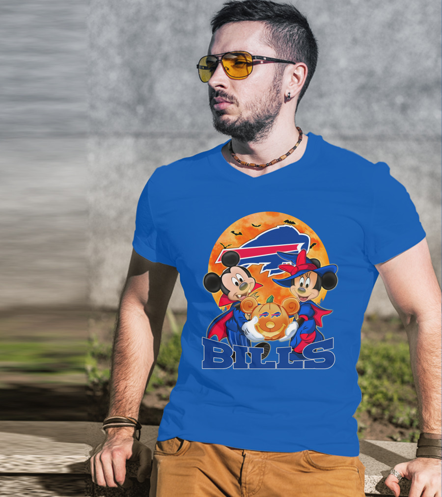 Buffalo Bills Halloween Mickey Mouse And Minnie Mouse Pumpkin T-Shirt