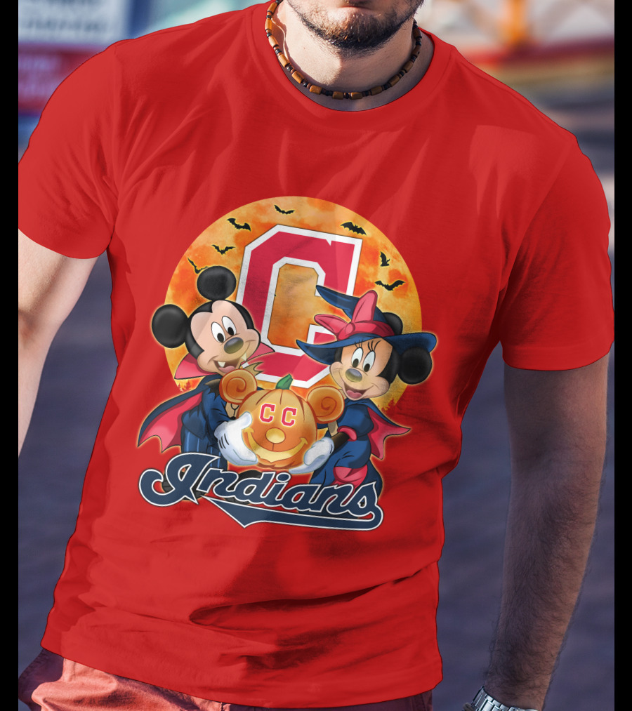 Cleveland Indians Mickey Mouse Minnie Mouse Halloween C Logo Pumpkin T-Shirt