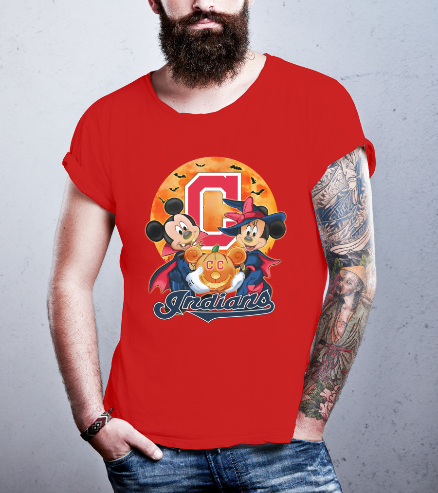Cleveland Indians Mickey Mouse Minnie Mouse Halloween C Logo Pumpkin T-Shirt