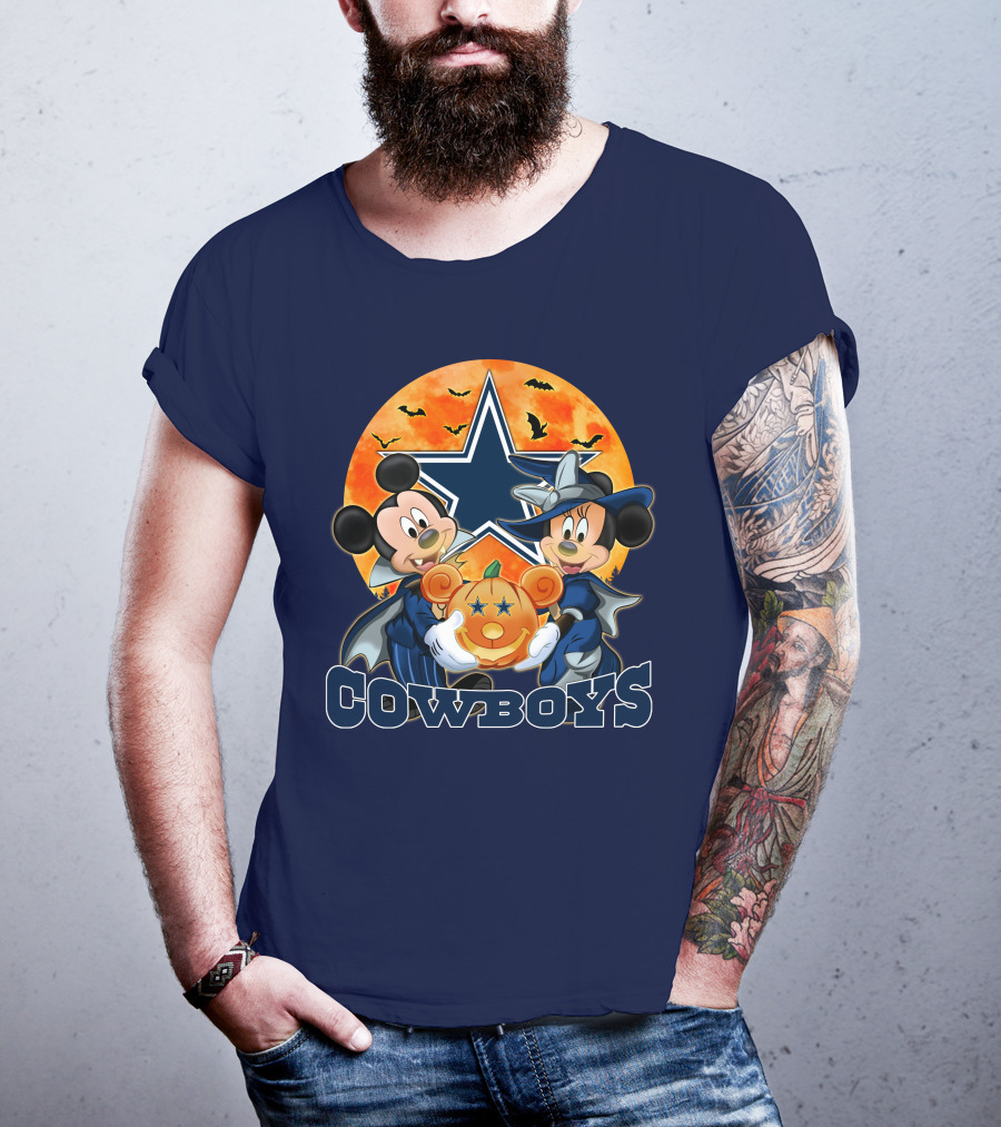 Cowboys Halloween Mickey Mouse And Minnie Mouse With Pumpkin Dallas T-Shirt