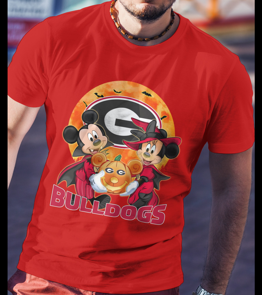Georgia Bulldogs Mickey And Minnie Mouse Halloween Pumpkin T-Shirt