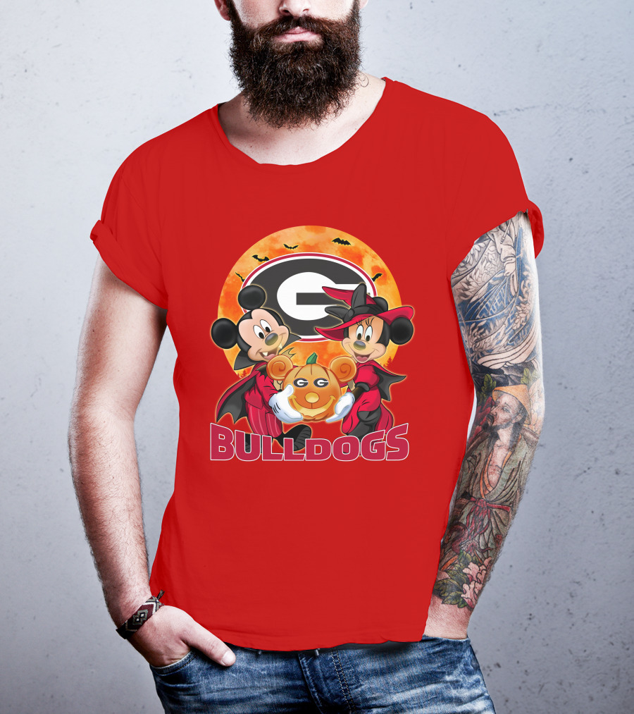 Georgia Bulldogs Mickey And Minnie Mouse Halloween Pumpkin T-Shirt