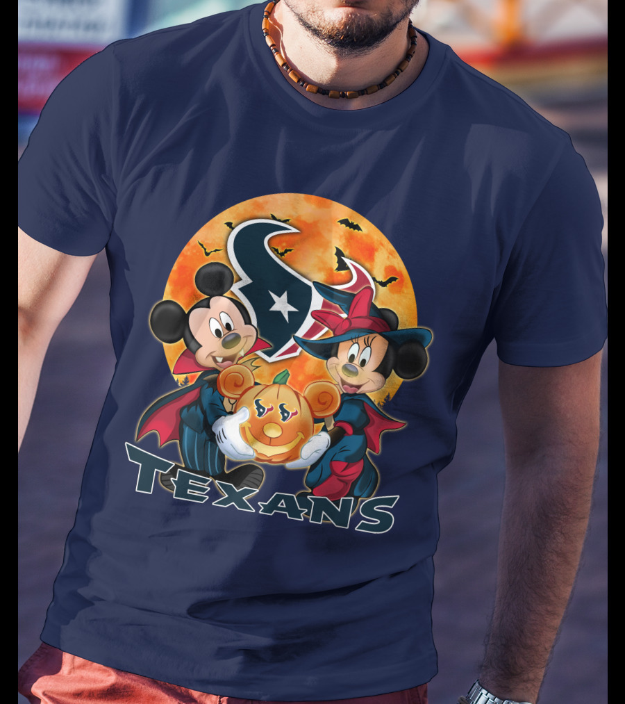Houston Texans Mickey Mouse And Minnie Mouse Halloween Pumpkin Moon Bats T-Shirt
