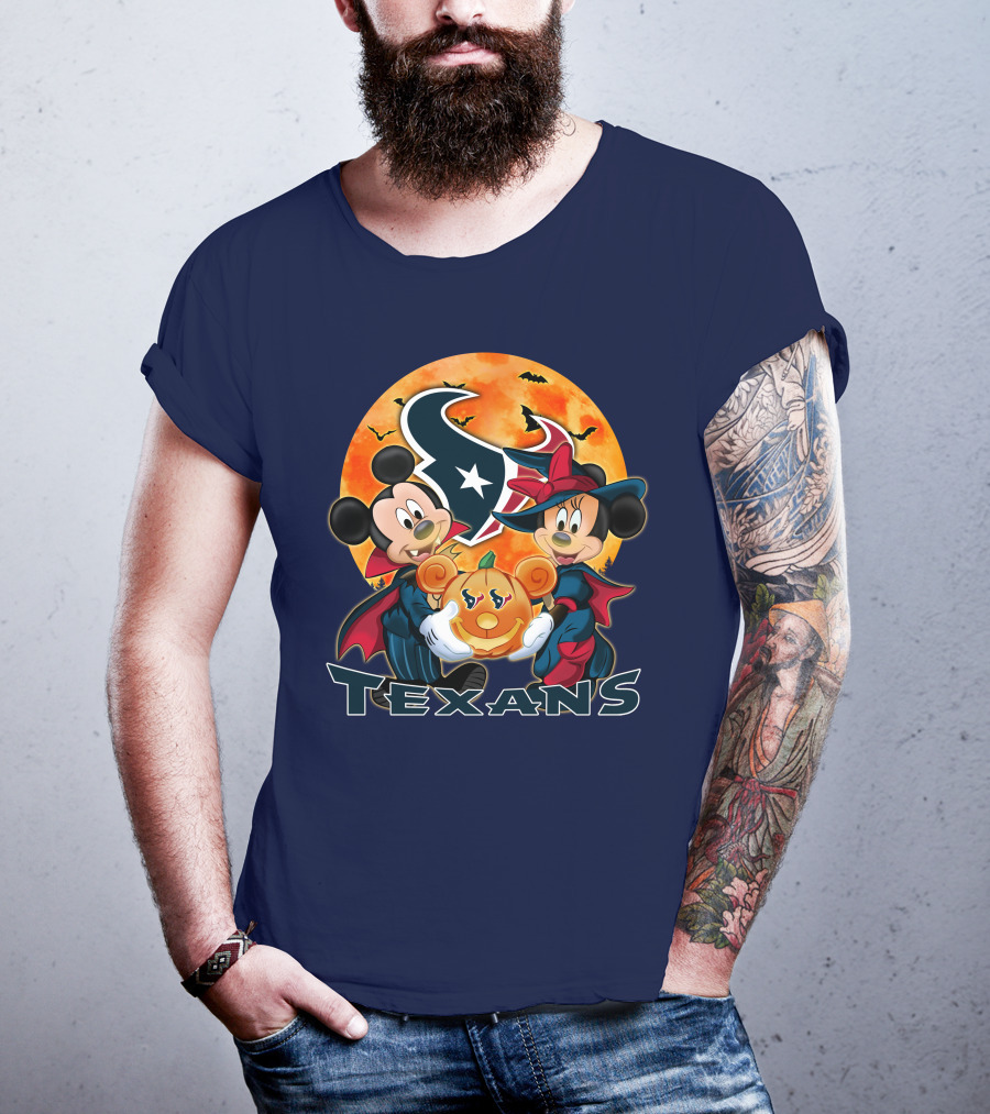 Houston Texans Mickey Mouse And Minnie Mouse Halloween Pumpkin Moon Bats T-Shirt