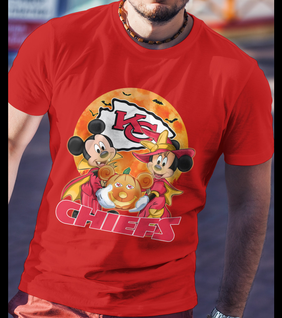 Kansas City Chiefs Mickey Mouse Minnie Mouse Halloween Chiefs Logo Pumpkin T-Shirt