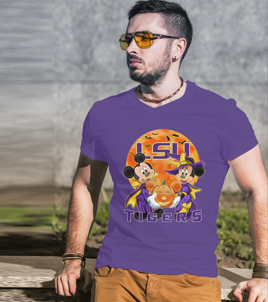 LSU Tigers Mickey Mouse And Minnie Mouse Halloween Pumpkin T-Shirt