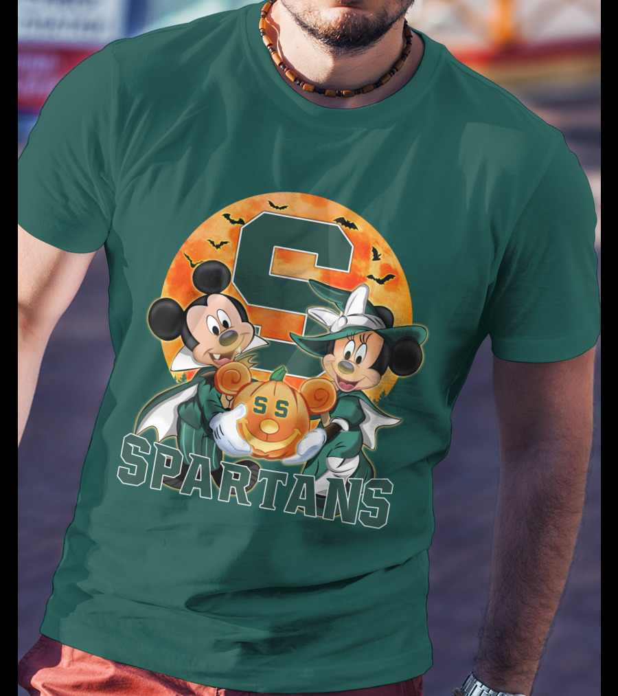 Michigan State Spartans Mickey Mouse Minnie Mouse Halloween Pumpkin Moon Bats T-Shirt