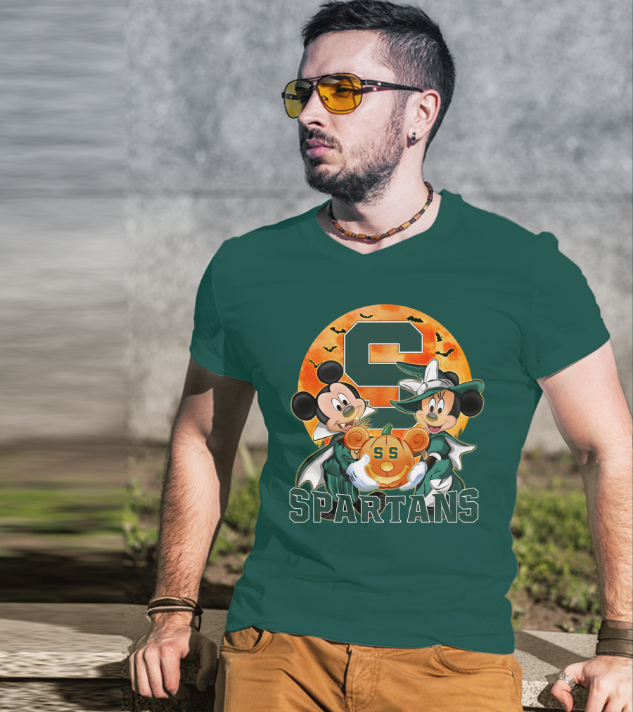 Michigan State Spartans Mickey Mouse Minnie Mouse Halloween Pumpkin Moon Bats T-Shirt