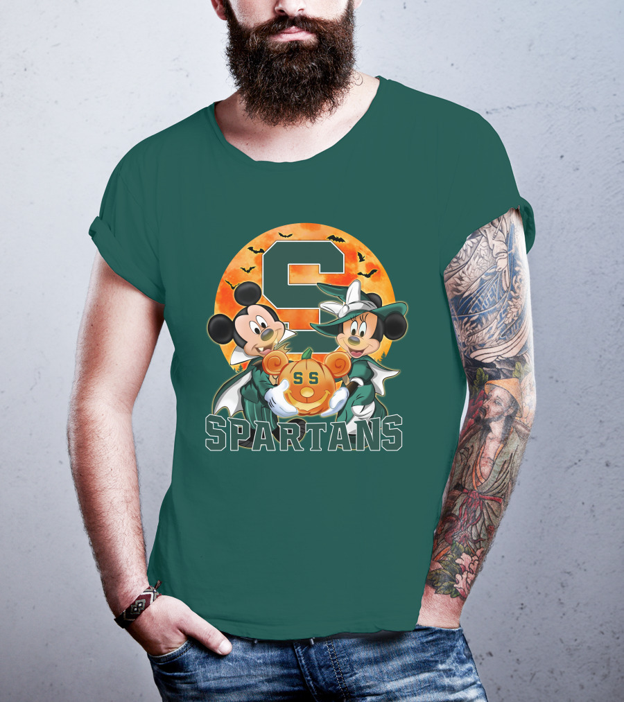 Michigan State Spartans Mickey Mouse Minnie Mouse Halloween Pumpkin Moon Bats T-Shirt