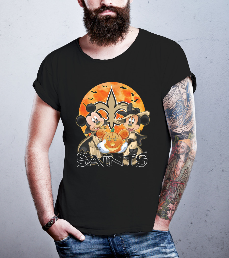 New Orleans Saints Mickey And Minnie Halloween Pumpkin Fleur-de-Lis T-Shirt