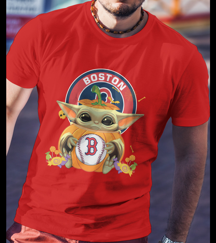 Boston Red Sox Halloween Baby Yoda Pumpkin Hug T-Shirt