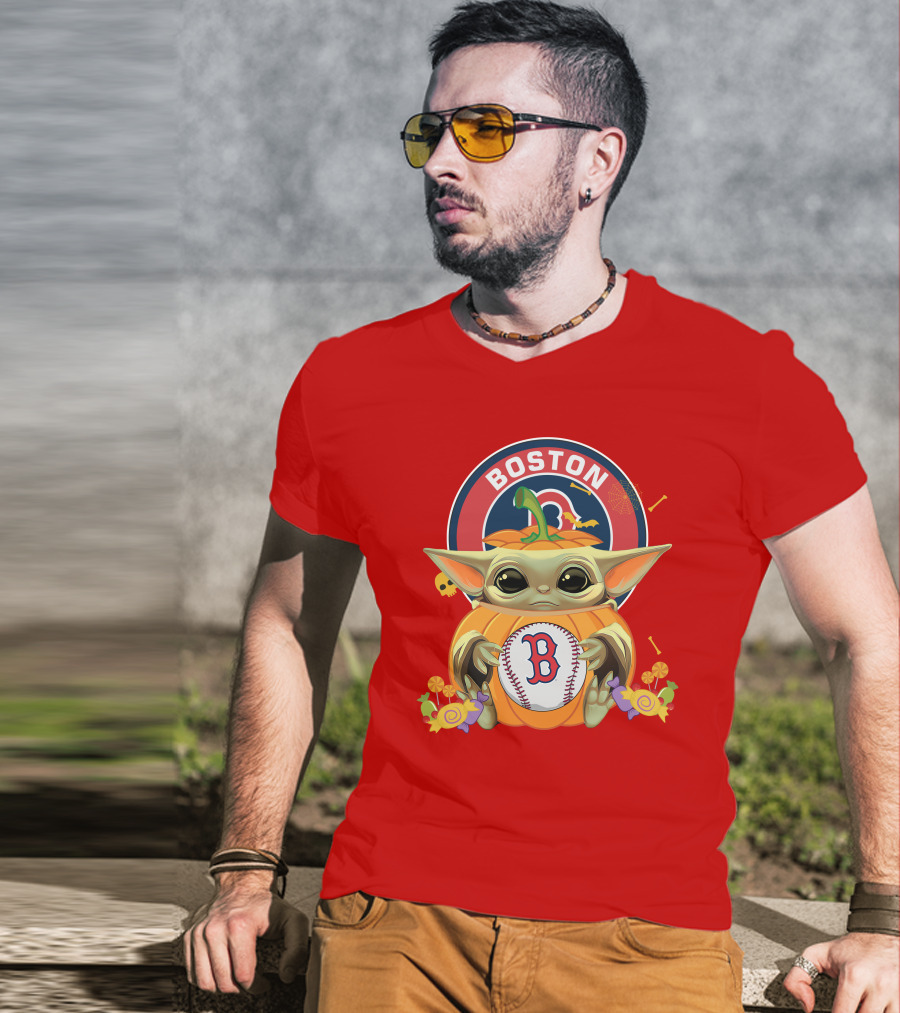 Boston Red Sox Halloween Baby Yoda Pumpkin Hug T-Shirt