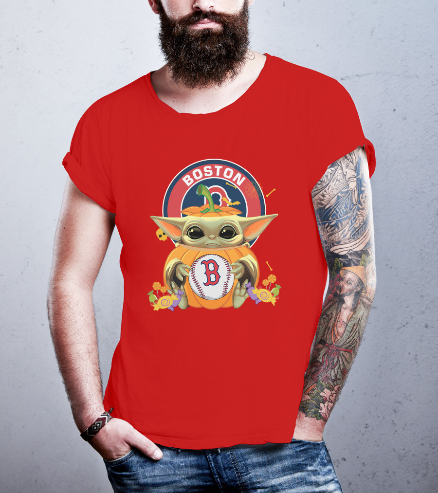 Boston Red Sox Halloween Baby Yoda Pumpkin Hug T-Shirt