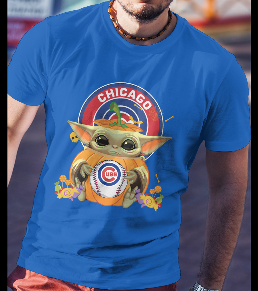 Halloween Pumpkin Baby Yoda Chicago Cubs Baseball Theme T-Shirt