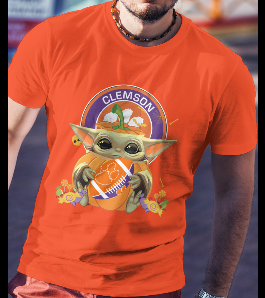 Halloween Pumpkin Baby Yoda Clemson Tigers Football T-Shirt
