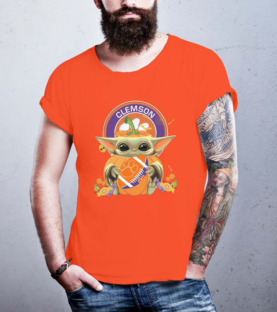 Halloween Pumpkin Baby Yoda Clemson Tigers Football T-Shirt