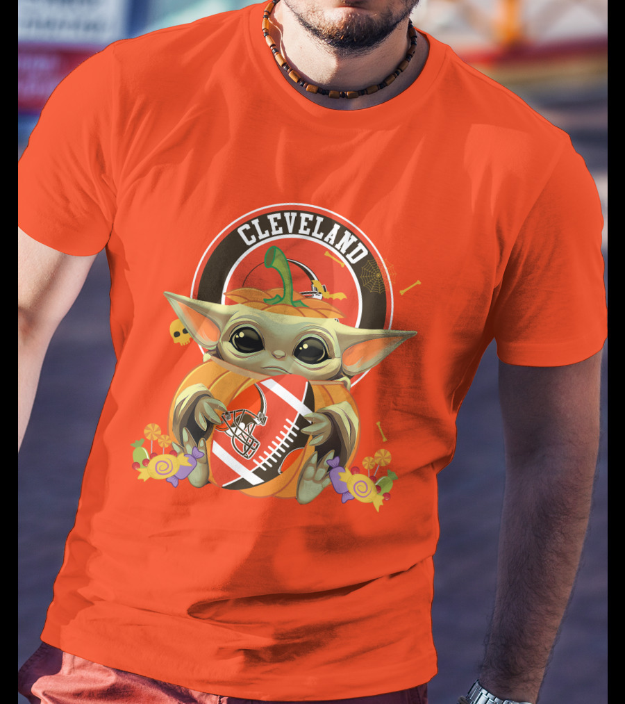 Cleveland Halloween Pumpkin Baby Yoda Holding Football T-Shirt