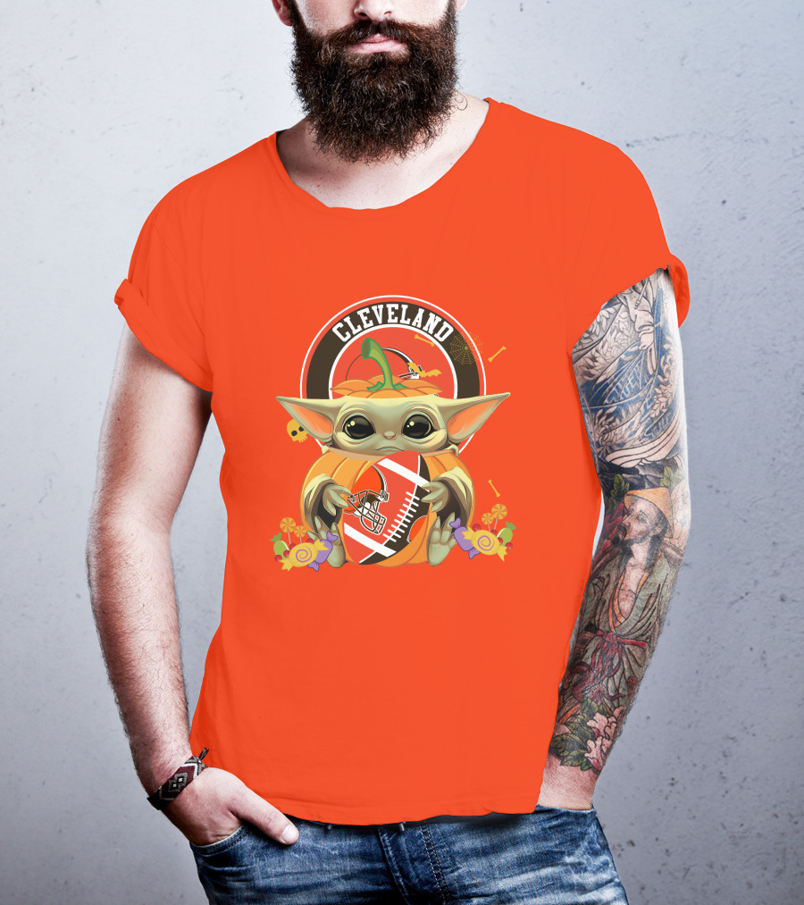 Cleveland Halloween Pumpkin Baby Yoda Holding Football T-Shirt