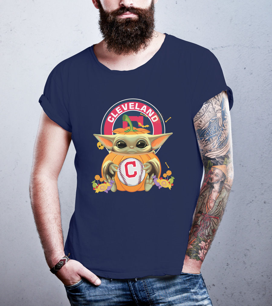Halloween Pumpkin Baby Yoda Hug Cleveland Baseball Team T-Shirt