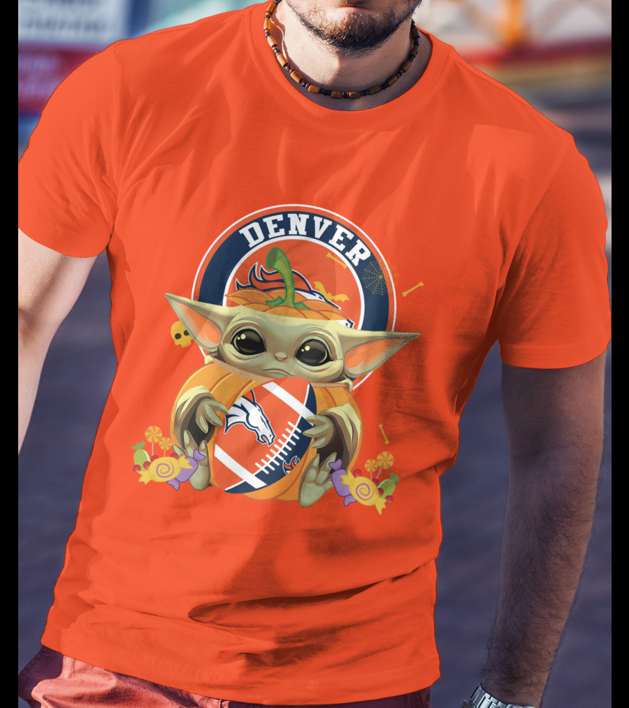 Halloween Pumpkin Baby Yoda Holding Denver Broncos Football Logo With Candy And Skulls T-Shirt