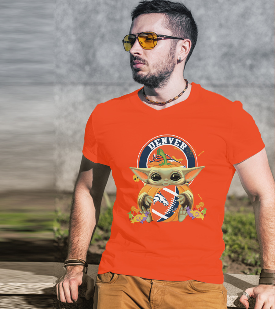 Halloween Pumpkin Baby Yoda Holding Denver Broncos Football Logo With Candy And Skulls T-Shirt