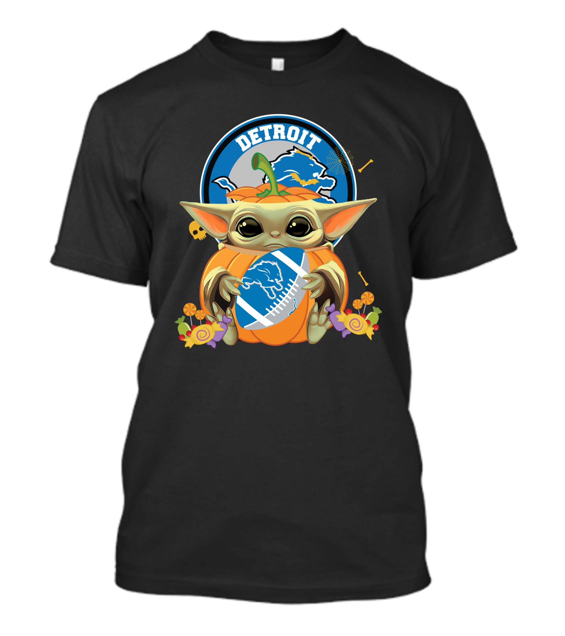 Halloween Pumpkin Baby Yoda Holding Detroit Lions Football With Logo And Candy T-Shirt