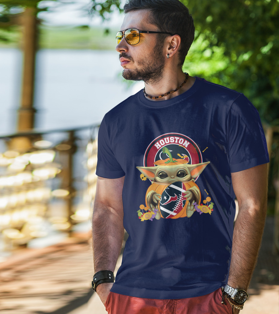 Halloween Pumpkin Baby Yoda Holding Houston Texans Logo Sphere T-Shirt