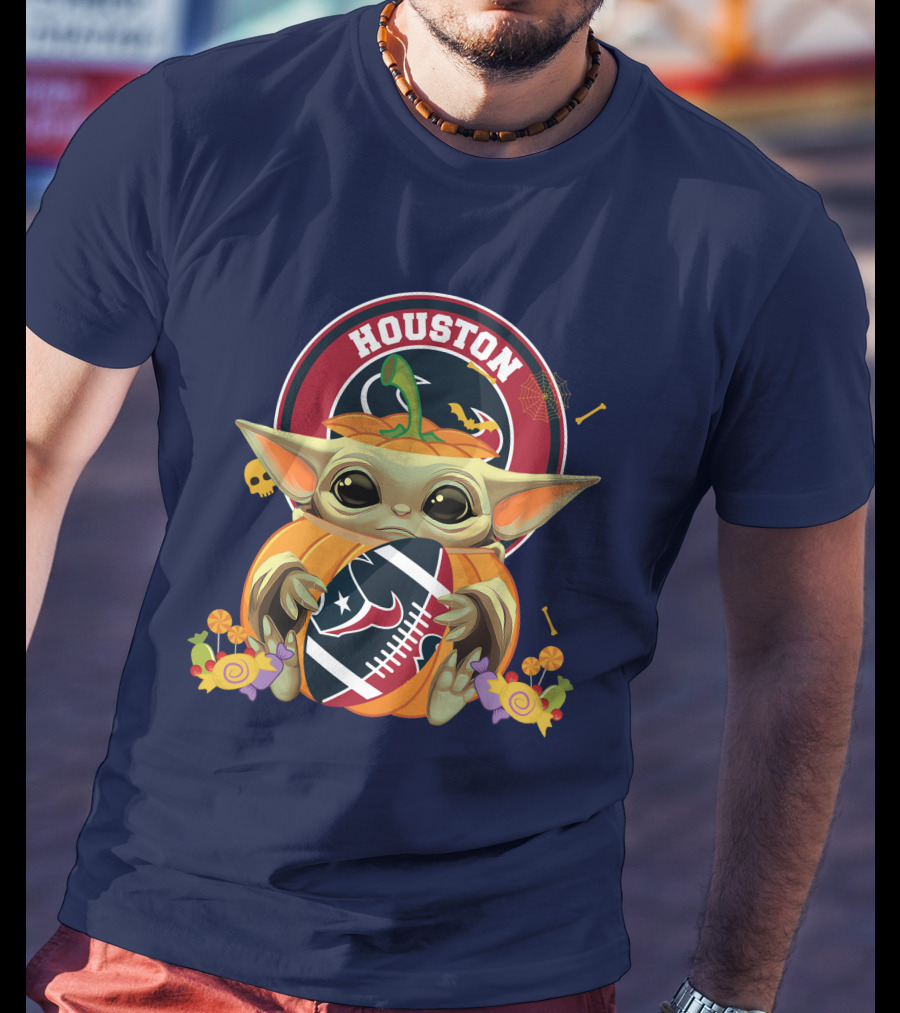 Halloween Pumpkin Baby Yoda Holding Houston Texans Logo Sphere T-Shirt