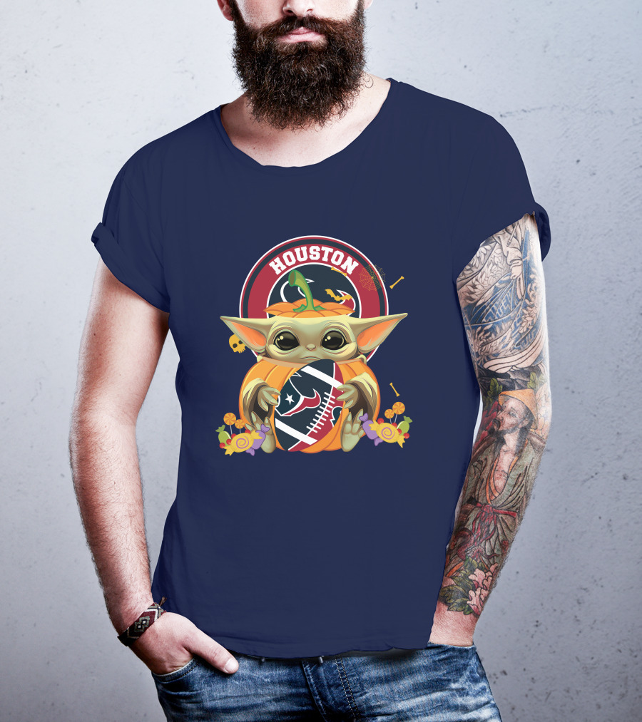 Halloween Pumpkin Baby Yoda Holding Houston Texans Logo Sphere T-Shirt