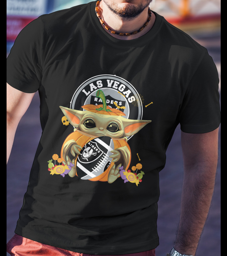 Halloween Pumpkin Baby Yoda Holding Las Vegas Raiders Football T-Shirt