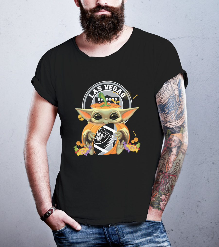 Halloween Pumpkin Baby Yoda Holding Las Vegas Raiders Football T-Shirt