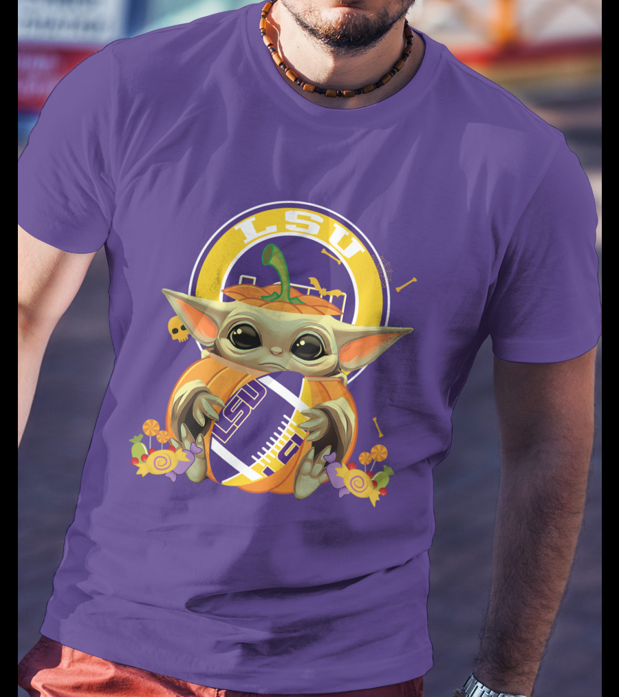 LSU Tigers Halloween Pumpkin Baby Yoda Hug Football T-Shirt