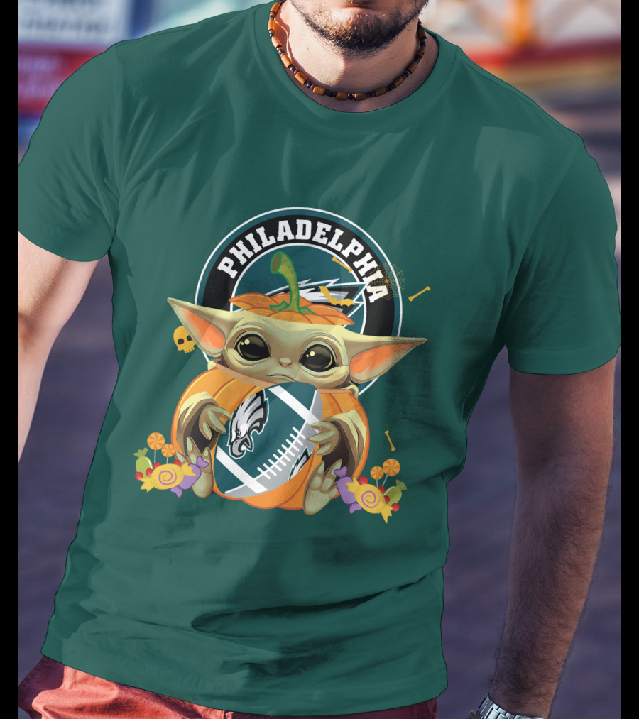 Halloween Pumpkin Baby Yoda Holding Philadelphia Eagles Football T-Shirt